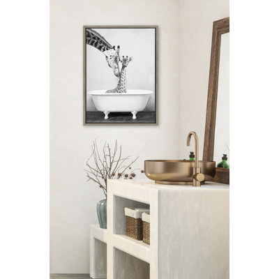 Giraffe In Tub by Amy Peterson Framed Canvas Wall Art Print