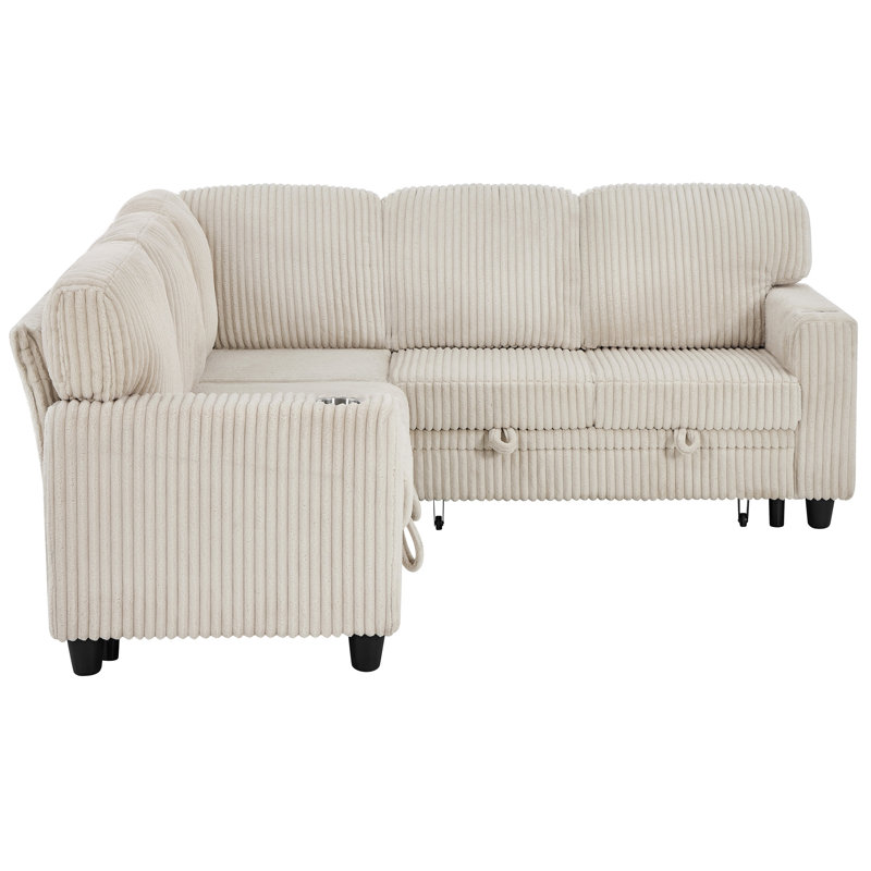 L-Shaped Sectional Sofa Bed With Pull-Out Bed & Storage, 5-Seat Sleeper Couch With USB Charging, Convertible Design For Living Room, Apartment, Corduroy Fabric, Beige