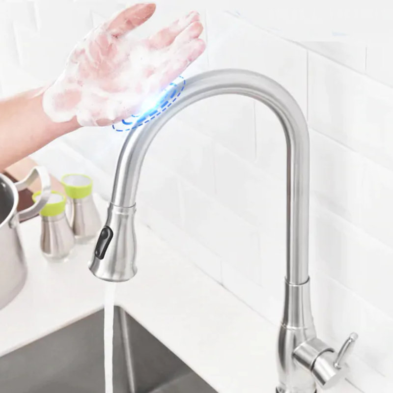 Robinet de cuisine en acier inoxydable à contrôle tactile Juno - Nickel brossé avec douchette extractible