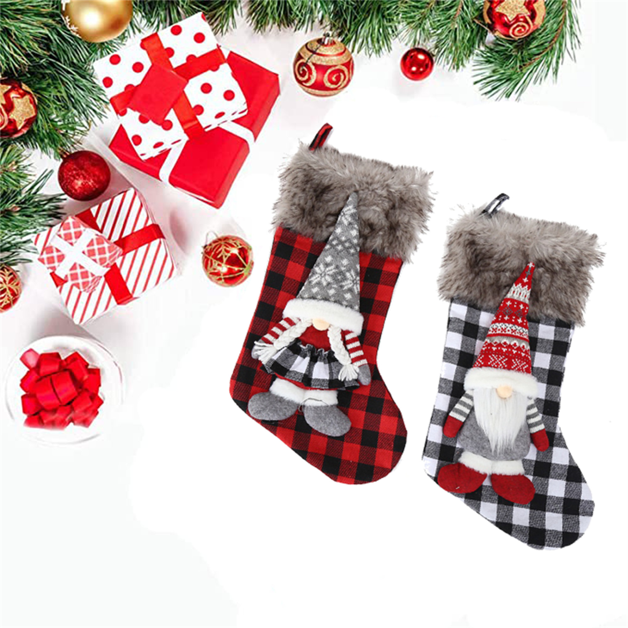 The Holiday Aisle® 2 Piece Christmas Gnomes Santa Xmas Socks Fireplace ...