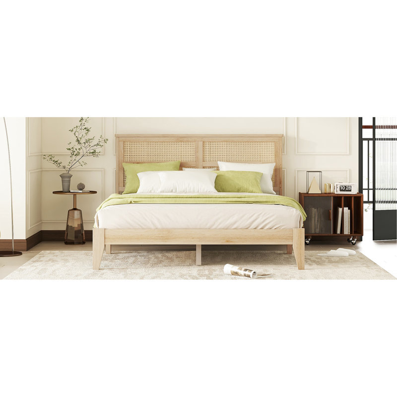 Queen Size Rubberwood Bed With Stylish Headboard And Robust Framework Oak White Charming Versatile Functionality