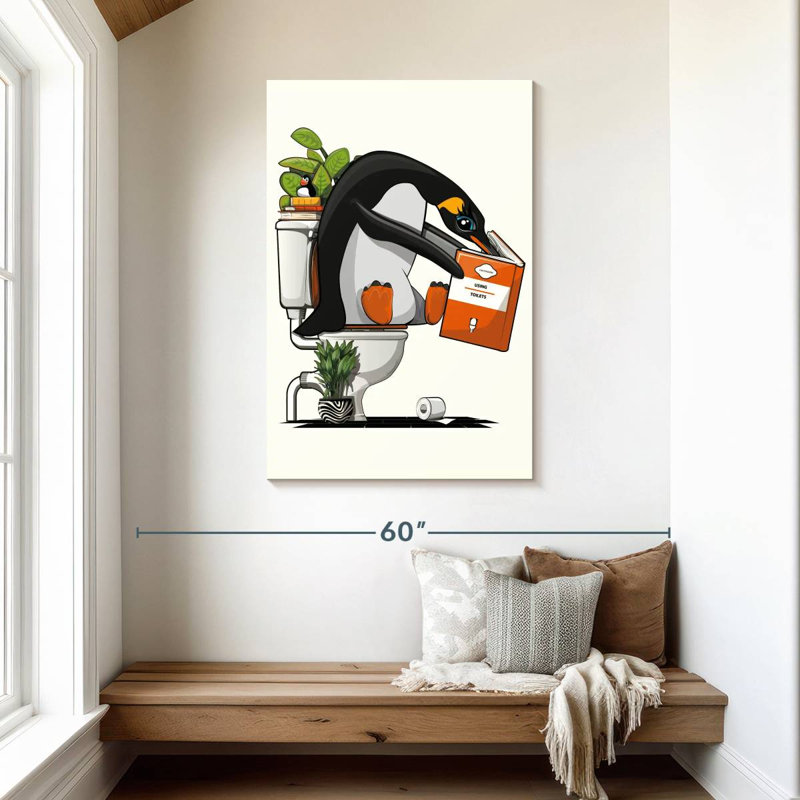 Pingouin sur la toilette lisant un livre, H 45 po x l 30 po
