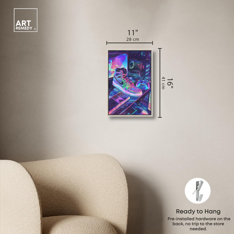Toile «Neon Gaming Set Up» par Art Remedy, H 16 po x l 11 po, Cadre flottant, Argent