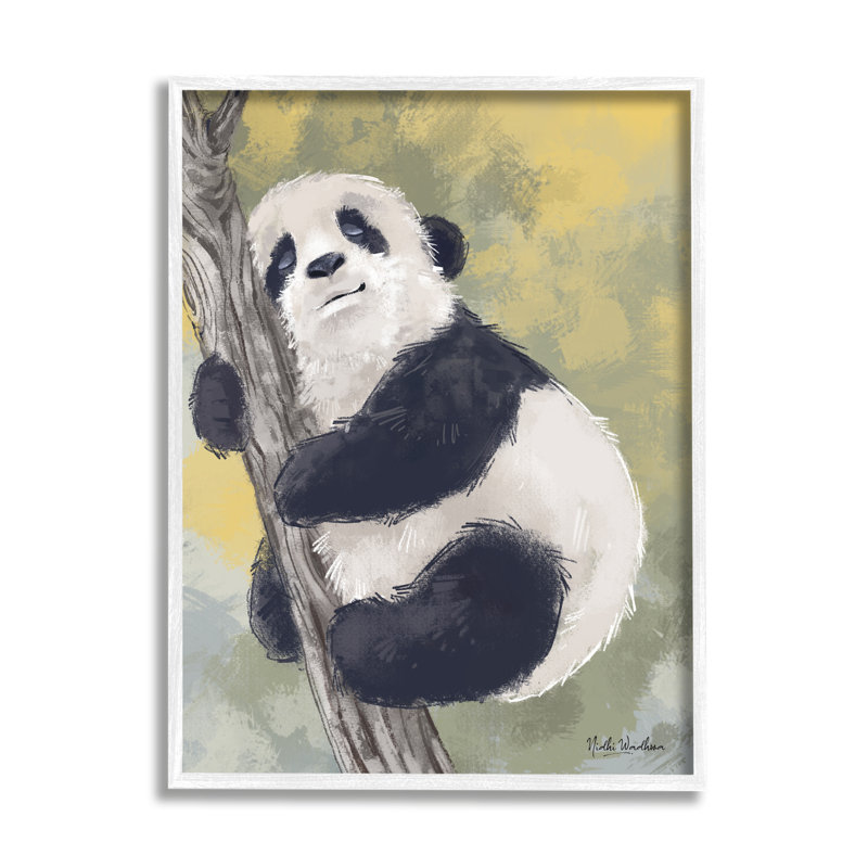 «Panda Cub On Branch on Wood» par Nidhi Wadhwa, peinture, H 14 po x l 11 po x P 1,5 po, Giclée encadrée noir minuit
