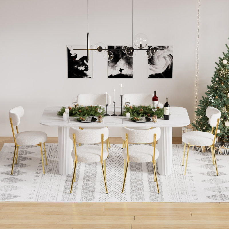 Ensemble de salle à manger rectangulaire à double piédestal avec table de salle à manger de style crème, Blanc, 7