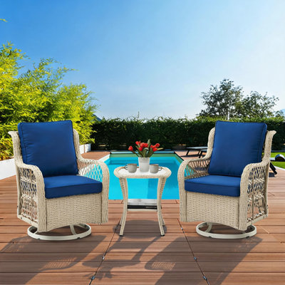Ensemble de jardin 3 pièces, ensemble bistro en résine tressée avec 2 fauteuils pivotants et table basse en verre trempé, mobilier de jardin en rotin avec coussins pour terrasse, porche ou jardin, gris et abricot