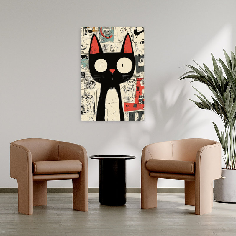 Art mural abstrait de chat noir à gros yeux, H 36 po x l 24 po