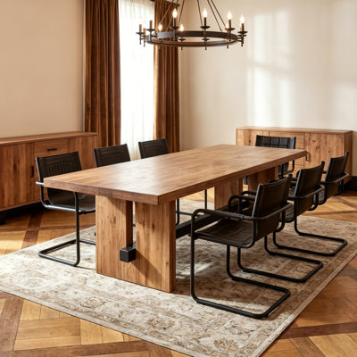 Rustic Rectangular Solid Wood Farmhouse Dining Table with Sturdy Wooden Legs and Metal Cross Support