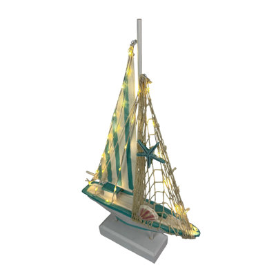 Coastal Fancy That 2-piece aqua wood sailboat statue set, wire LED, seashell and rope accents