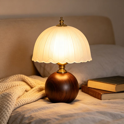 Lampe de table décorative en bois 11,8 pouces avec abat-jour en verre givré, lampe de chevet à intensité variable avec douille E26 et cordon de 6 pi, petite lampe d'appoint pour la chambre à coucher et le salon