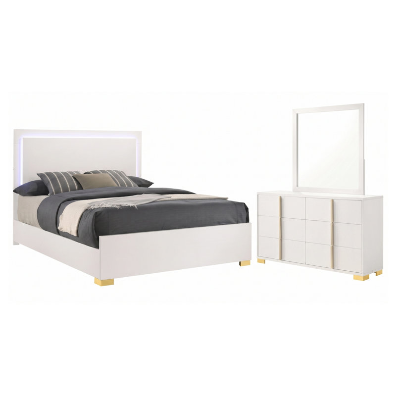 Ensemble de chambre à coucher Josephine White Queen 3 pièces avec tête de lit DEL, commode et miroir