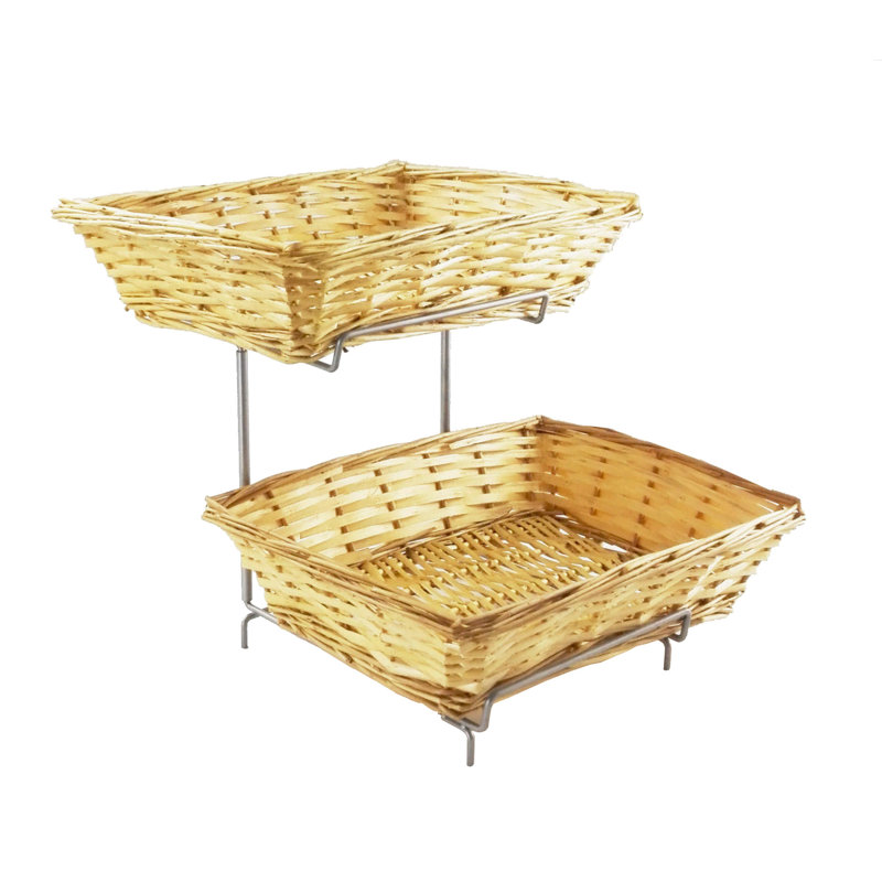 7.8 X 19 X 13" Two-tier Display Rack for Counters with 2 Wicker Baskets, Retail Displays