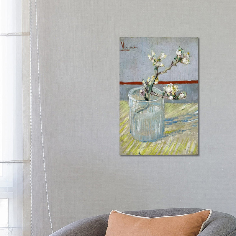 Sprint Of Flowering Almond Blossom In A Glass by Vincent Van Gogh - Wrapped Canvas Painting