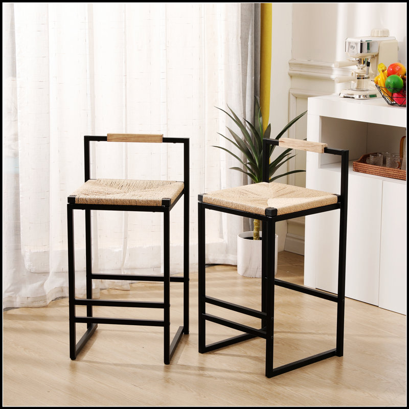 Ensemble de 2 tabourets de bar avec dossier, chaises de salle à manger à hauteur de comptoir tissées en corde de papier pour des sièges modernes et confortables