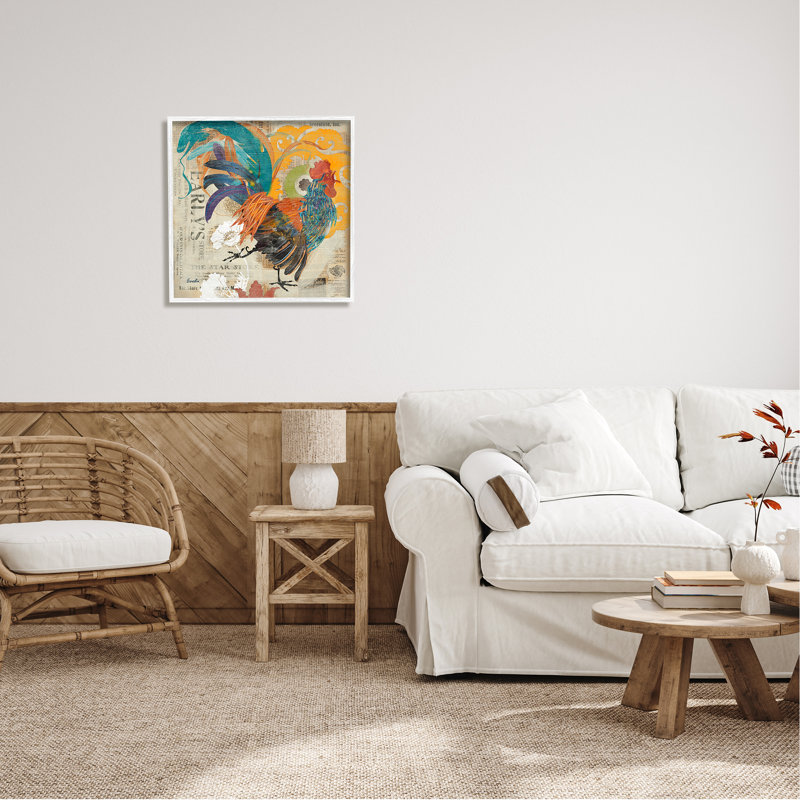 Country Rooster, collage rétro - impression, H 24 po x l 24 po x P 1,5 po, Giclée encadrée blanc bord de mer