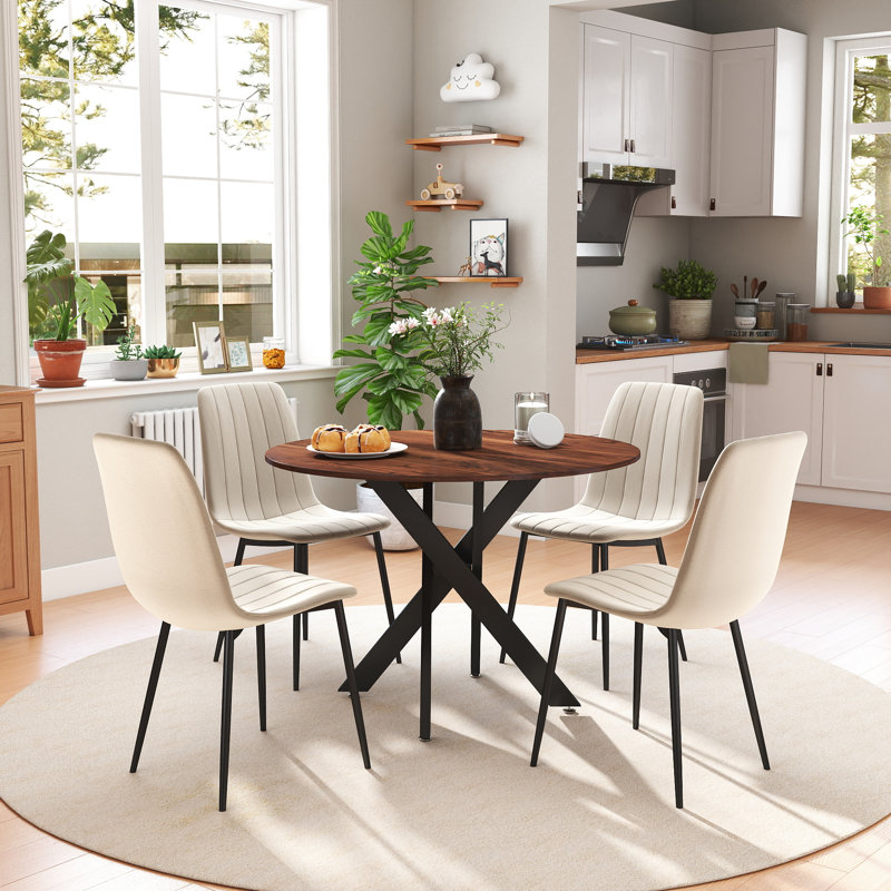 36in Round Dining Table Sets with Velvet Dining Chairs, Brown, Beige, 5