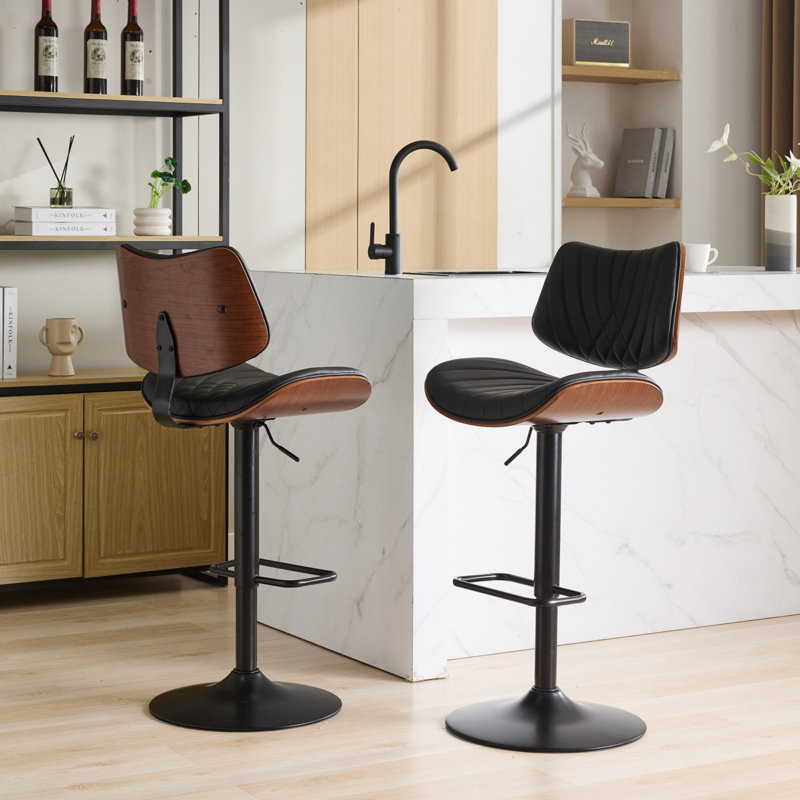 Bentwood Bar Stools Mid Century Modern Adjustable Counter Height Leather Upholstered 360°Swivel Bar Chairs For Kitchen Island/Dining Room/Cafe