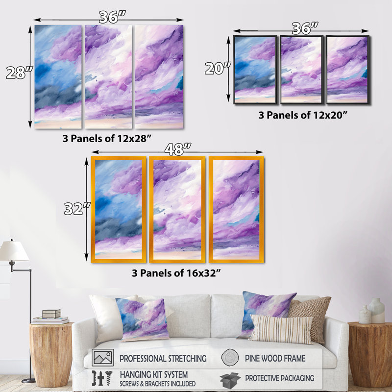 «Violet Storm At The Horizon», ensemble d'art mural abstrait à l'encre liquide_80393, H 32 po x l 48 po x P 1 po