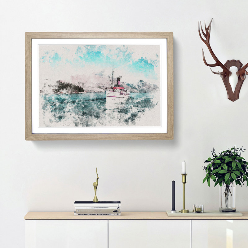 Boat on the Lake in New Zealand - Picture Frame Graphic Art Print, 62cm H x 87cm W x 2cm D, Oak Framed