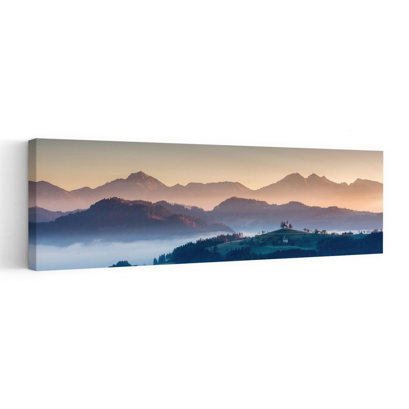 «Misty Mountain Church Sunrise Dreamy Peaceful Serene Forest Landscape», art mural, H 12 po x l 36 po
