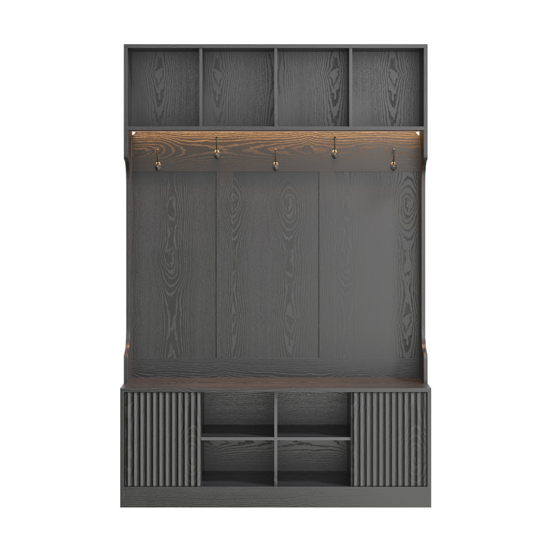 Arbre d'entrée de 47,2 po de largeur avec banc et rangement pour chaussures, banc d'entrée polyvalent avec portemanteau, 5 crochets doubles et 8 compartiments ouverts