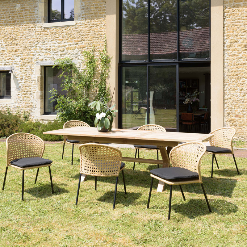 Madarisse 6 - Person Patio Dining Set with Rectangular Table , Cushions Included, Cream/Black, Black