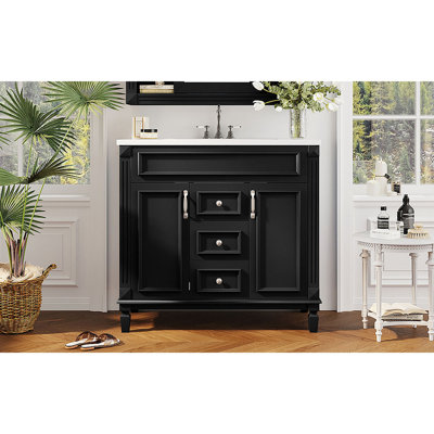 Meuble-lavabo 36 po avec lavabo supérieur, armoire de rangement moderne avec 2 portes à fermeture douce et 2 tiroirs, meuble-lavabo simple