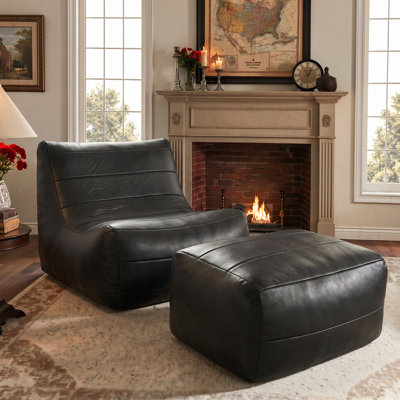 Faux Leather Bean Bag Chair With Ottoman – Lazy Floor Sofa For Teens & Adults, No Assembly