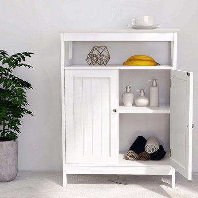 Bathroom Floor Storage Cabinet with Double Shutter Doors – White