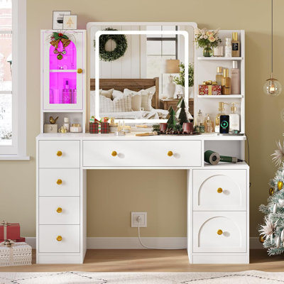 White Vanity Desk With Mirror And Led Lights, Large Makeup Vanity Desk With 7 Drawers, Storage Shelves And Rgb Glass Cabinet, Dressing Table For Bedroom With Charging Station, Lights Adjustable