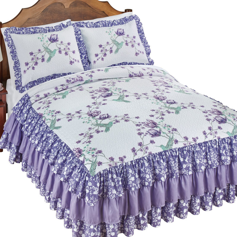 Hannah Floral Trellis Hummingbird Triple Ruffle Bedspread, Queen Bedspread