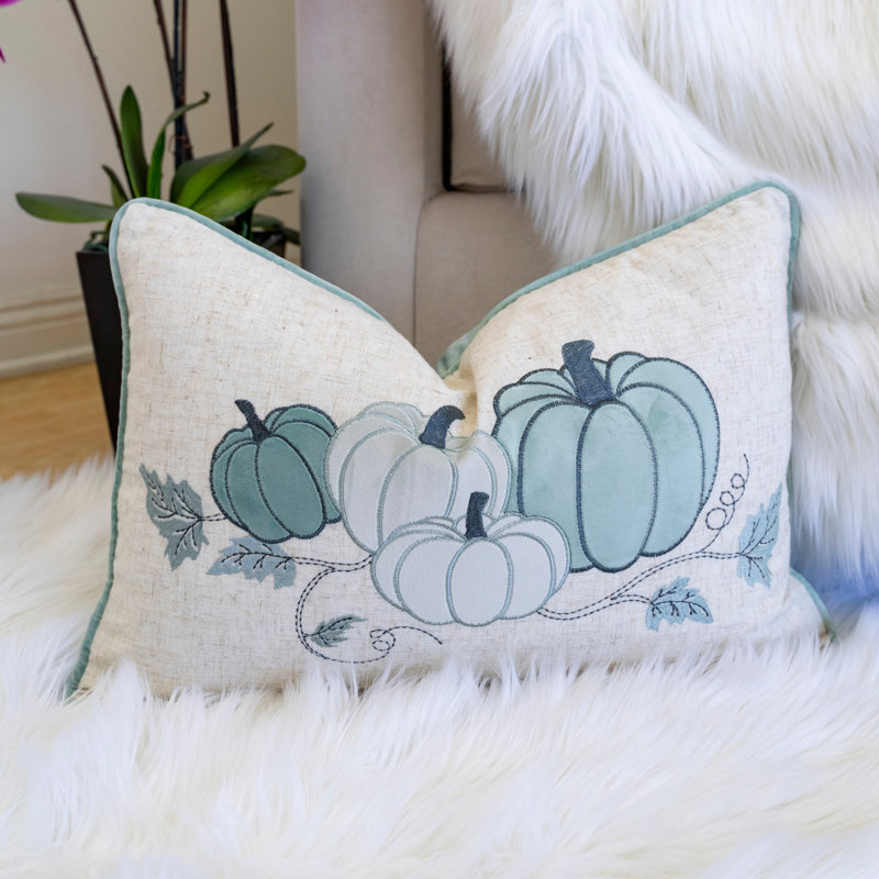 Coussin lombaire brodé citrouille, Rectangle H 14 po x l 20 po, Bleu clair bébé