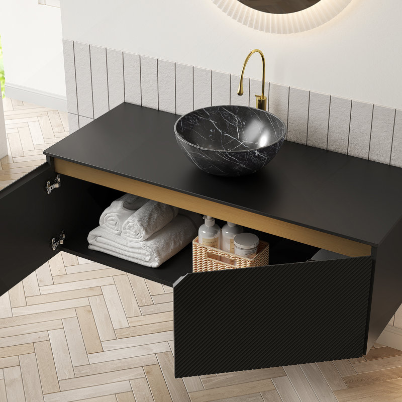Meuble-lavabo 48 po, meuble de rangement mural en contreplaqué flottant, portes doubles en sergé avec garniture en métal, vasque en céramique noire avec motif en pierre et plateau en pierre frittée noire, noir