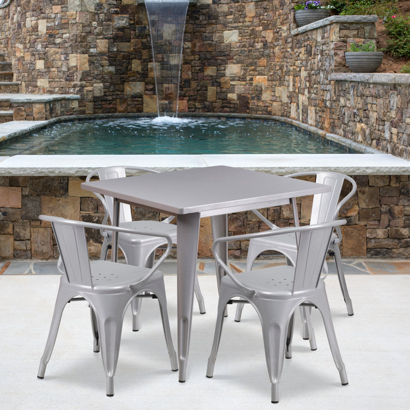 Feodora 31.5'' Square Metal Indoor-Outdoor Table Set with 4 Arm Chairs, Silver