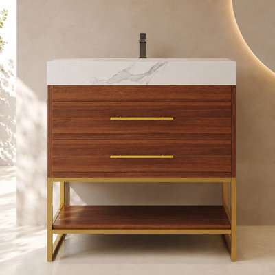 Meuble-lavabo simple autoportant en noyer de 76 cm (30 po) avec lavabo en céramique, comptoir en pierre frittée veinée blanche et tablette ouverte