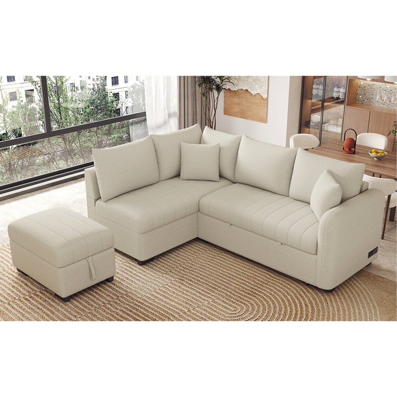 Canapé-lit modulaire coulissant avec repose-pieds Nikolas, Polyester beige