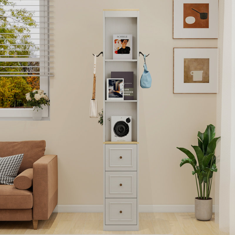 Armoire de rangement mince de 73 po de hauteur, armoire de rangement multimédia à 3 niveaux avec 3 tiroirs et 2 crochets, étagères de rangement pour bibliothèque, CD, DVD, armoire de rangement console de jeu - blanc antique