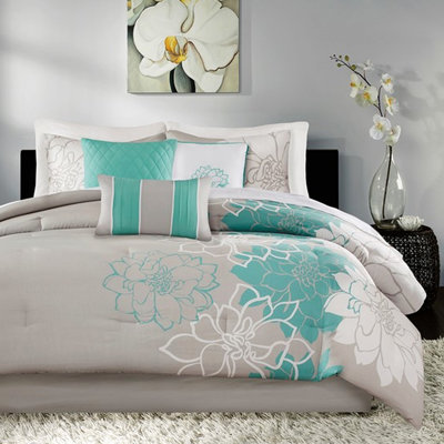Édredon pour grand lit - imprimé en coton, jupe de lit chic, 3 coussins décoratifs avec glamour à imprimé floral orné, charme