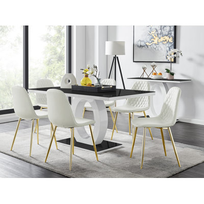 Scottsmoor Modern High Gloss Halo 6 Seater Dining Table Set with Luxury Faux Leather Dining Chairs