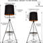Lampe trépied moderne avec tablettes, lampe sur pied noire avec abat-jour en tissu et interrupteur au pied pour le salon, la chambre à coucher et l’appartement
