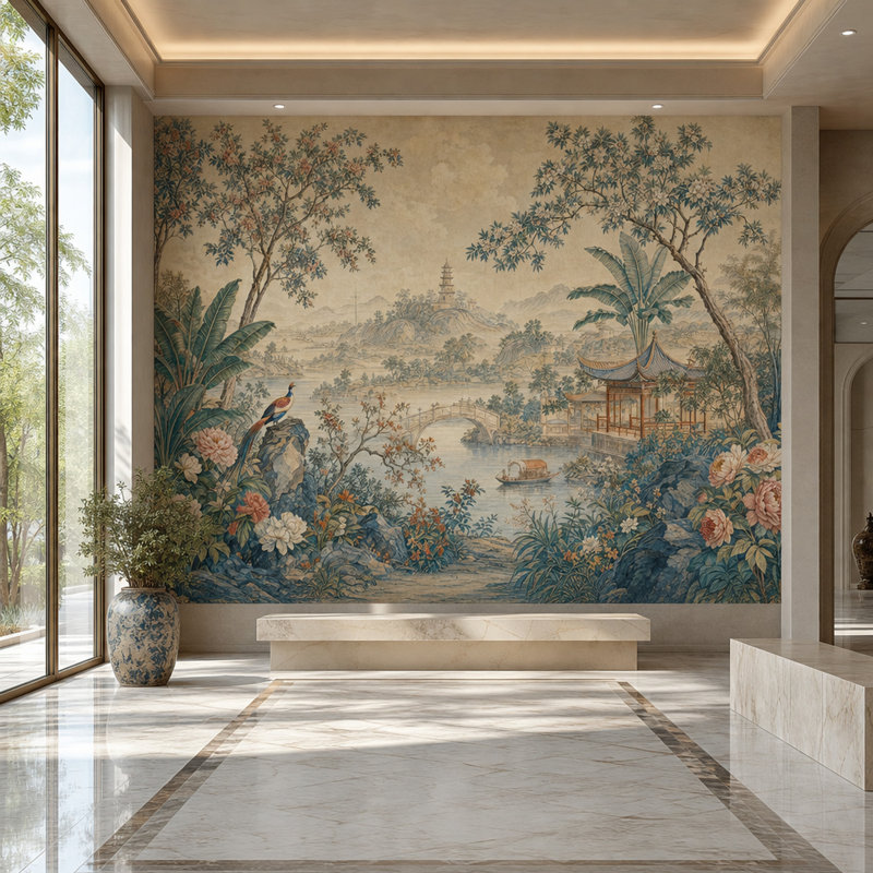 Chinoiserie Wallpaper Pagoda Asian Landscape Wall Mural, 140 po x 108 po, Peler et coller