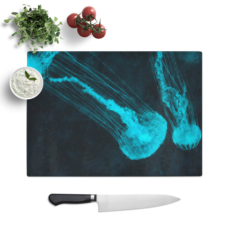 Tempered Glass Neon Blue Jellyfish Chopping Board, 28.5 cm x 39 cm