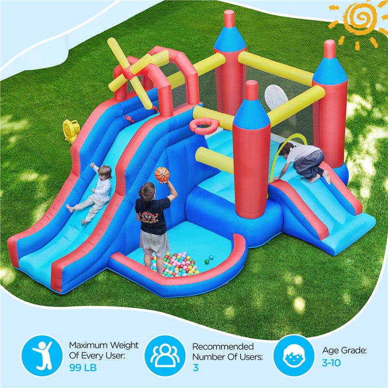 Blue and Red Inflatable Bounce House with Slide and Ball Pit