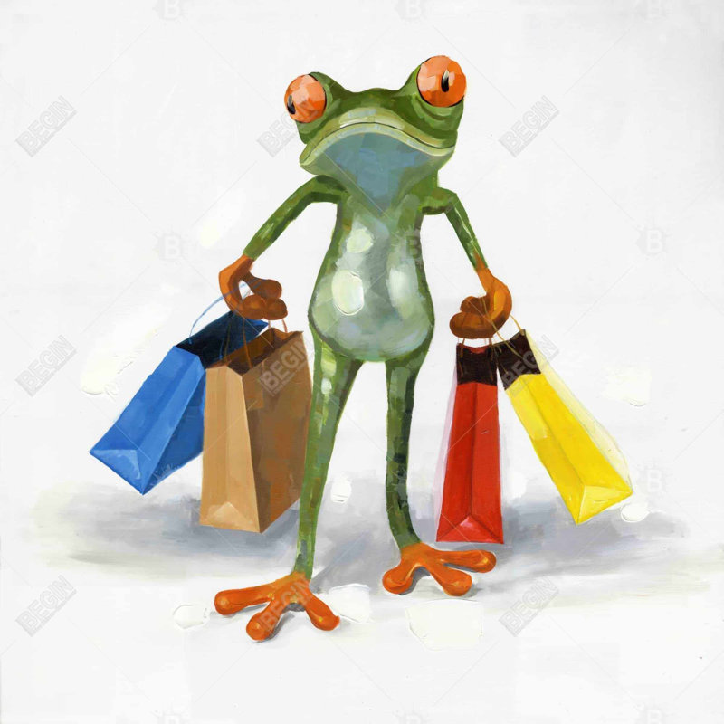 Drôle de grenouille avec sacs de magasinage | Toile bleue | Décoration intérieure