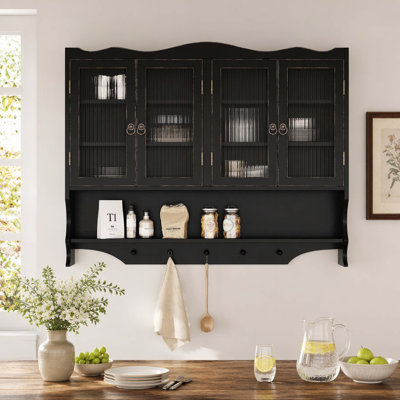 Armoire murale rétro 4 portes de 100 cm (39,37 po), 2 niveaux de rangement et crochets intégrés, idéale pour la salle de bain, la cuisine et la salle à manger, noir antique