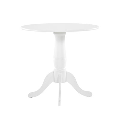 Table de salle à manger ronde blanche avec base à piédestal en bois dans un cadre décontracté, 4 places assises blanches, 4 pièces, par pièce