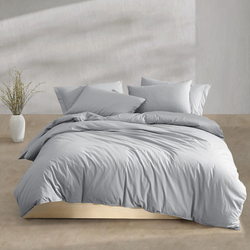 Calvin Klein Washed Percale Solid Cotton Duvet Cover Set, Queen Duvet Cover + 2 Standard Shams, Blue Gray