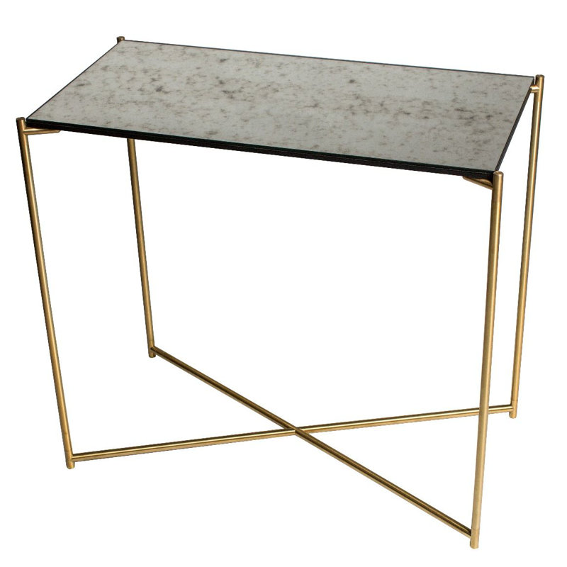 Bedell Glass Top Console Table, 49.7cm H x 123.3cm W x 42.5cm D, Brass