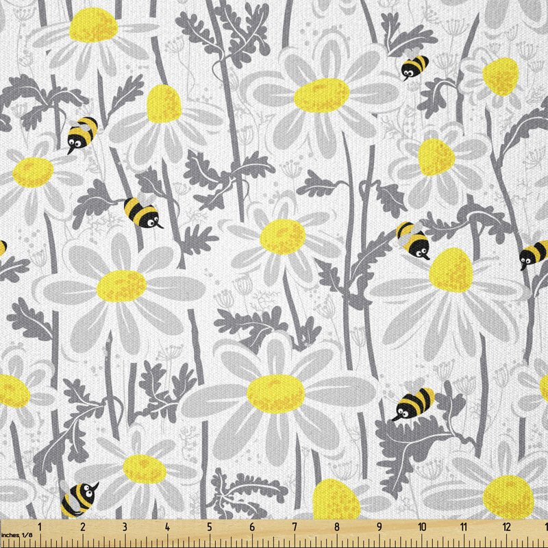 Dethomas Bees and Chamomile Daisy Flowers in Meadow Multi-Purpose Fabric
