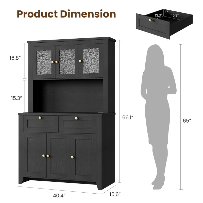 Armoire de cuisine de 66 po de hauteur, huche de cuisine moderne avec station de charge, Noir